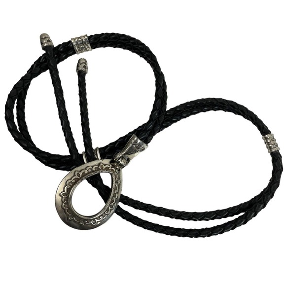 Vintage Accessories - Vtg 90s Black Braided Leather Bolo Belt Southwest Western Silver 1994 Taiwan